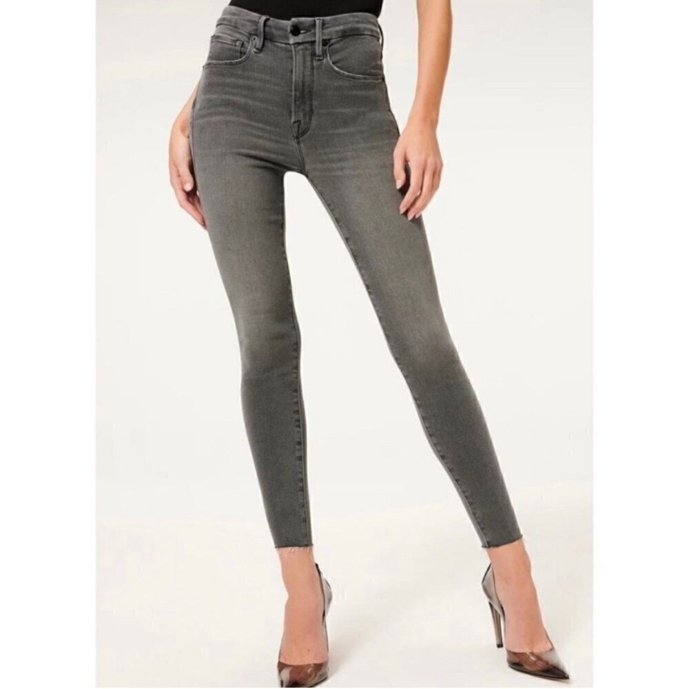 Good American|  High Rise Raw Hem Skinny Charcoal Jeans